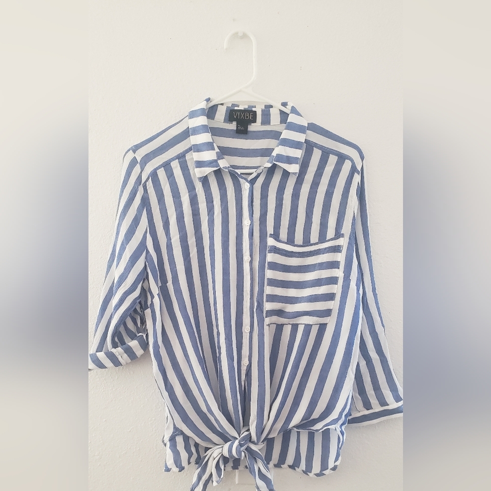 Striped Blue and White Tie-Front Shirt